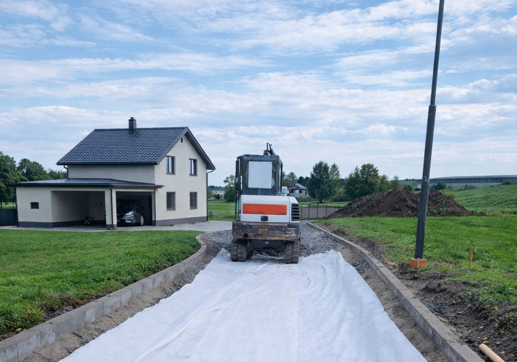 Bílá netkaná geotextilie z polypropylenu položená na půdu při stavbě příjezdové cesty k rodinnému domu.